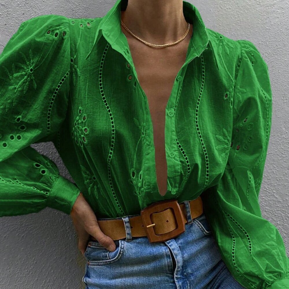Green Casual Women's Hollow-Out Embroidery Turn-Down Collar Long Sleeve Top - Picture 4 of 5